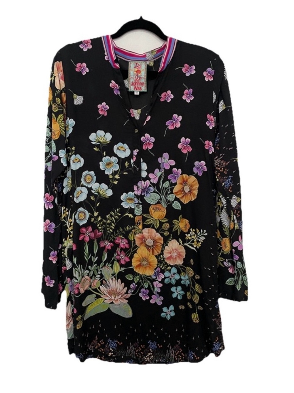 Johnny Was Black Floral V-Neck Tunic with Pink, Yellow & Blue Blooms